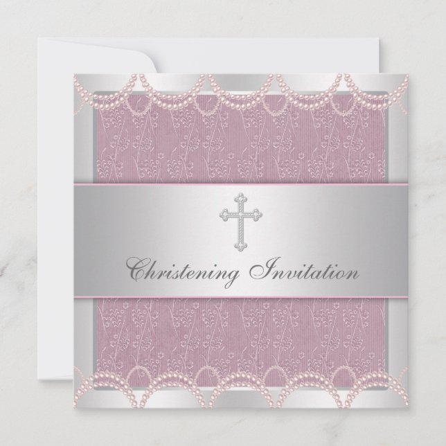 Pink Pearl Cross Baby Taufe Christening Einladung (Vorderseite)