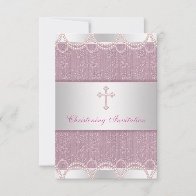 Pink Pearl Cross Baby Taufe Christening Einladung (Vorderseite)