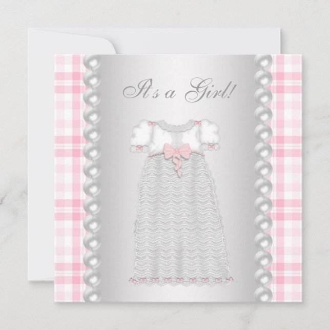 Pink Pearls Kleid Pink Gingham Baby Girl Dusche Einladung (Vorderseite)