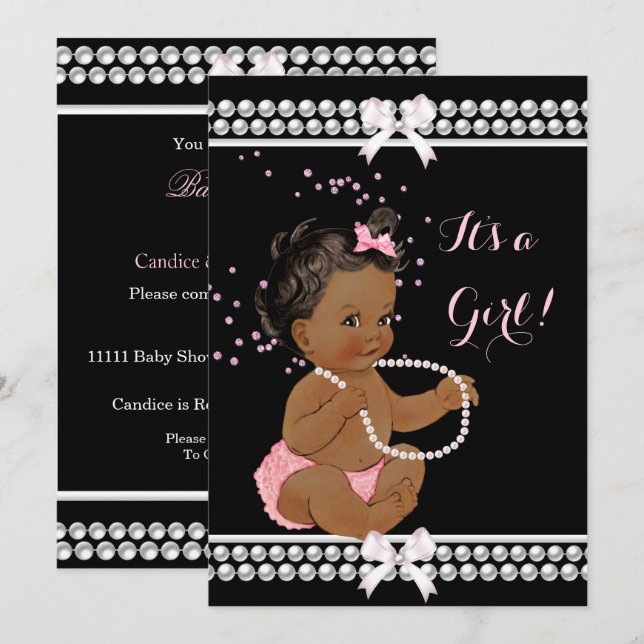 Pink Pearls Niedlich Babydusche Girl Black Ethnic Einladung (Vorne/Hinten)