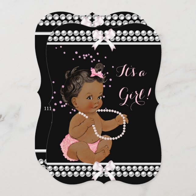 Pink Pearls Niedlich Babydusche Girl Black Ethnic Einladung (Vorne/Hinten)