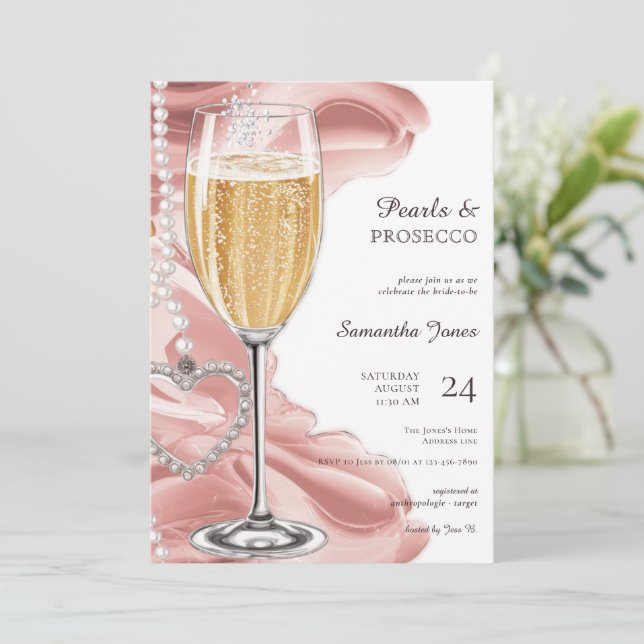 Pink Pearls & Prosecco Brunch Bubbly Brautparty Einladung (Stehend Vorderseite)