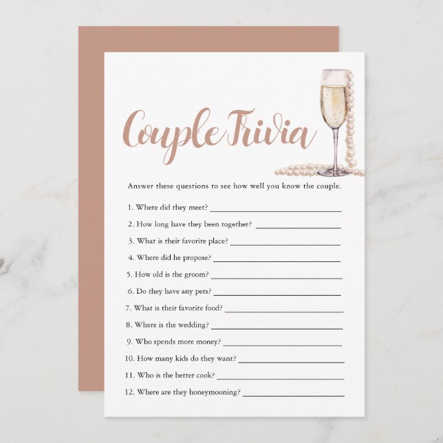 Pink Pearls & Prosecco Couple Trivia Bridal Game Einladung (Vorne/Hinten)