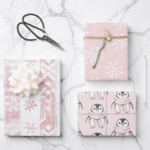 Pink Penguin Snowflakes Weihnachten Geschenkpapier Set