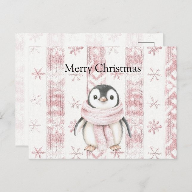 Pink Penguin Snowflakes Weihnachten Postkarte (Vorne/Hinten)
