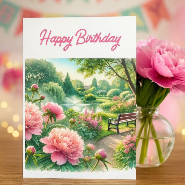 Pink Peongs auf Park Happy Birthday Grußkarte Karte (Elegant birthday card with pink peonies, garden bench, and fountain—peaceful and celebratory)
