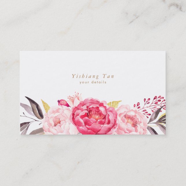 Pink Peongs Blume Aquarell Business Card Visitenkarte (Rückseite)