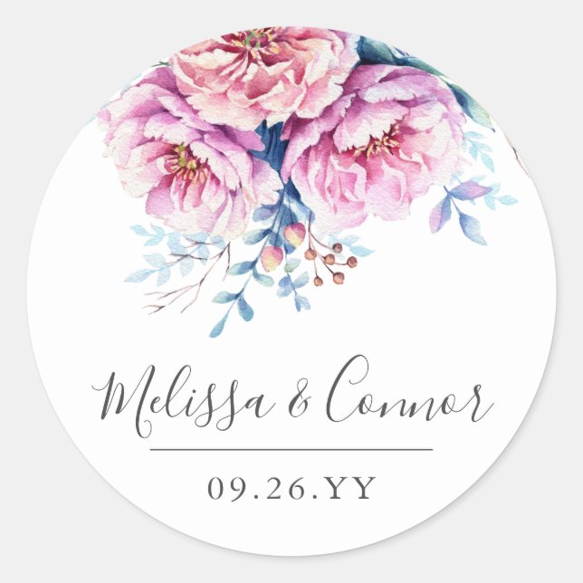 Pink Peonies | Aquarellblume | Benutzerdefinierter Runder Aufkleber (Vorderseite)