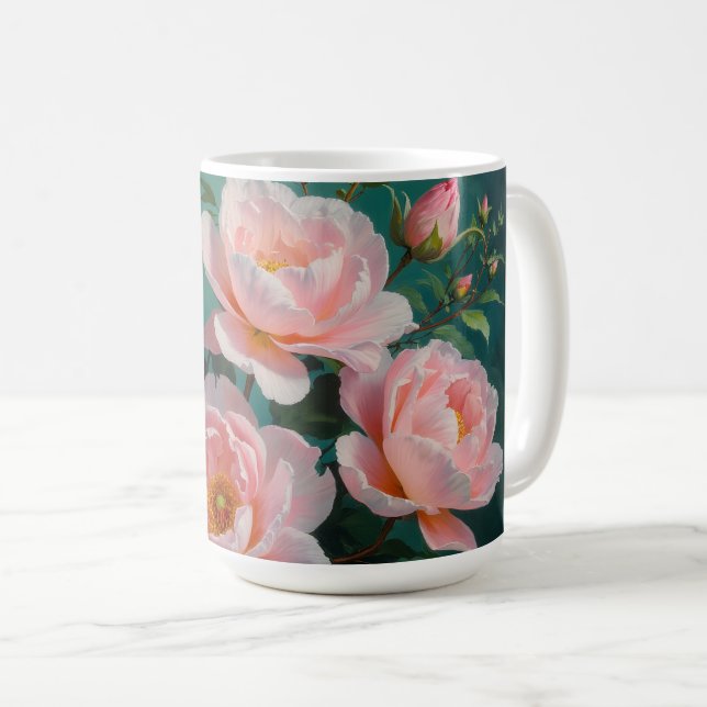 Pink Peonies Artwork on Emerald Green Kaffeetasse (VorderseiteRechts)