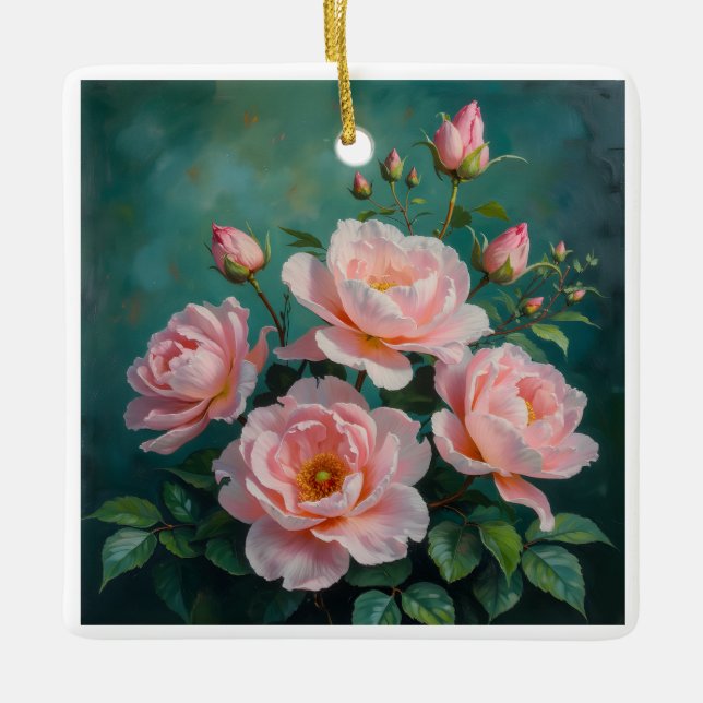 Pink Peonies Artwork on Emerald Green Keramikornament (Vorderseite)