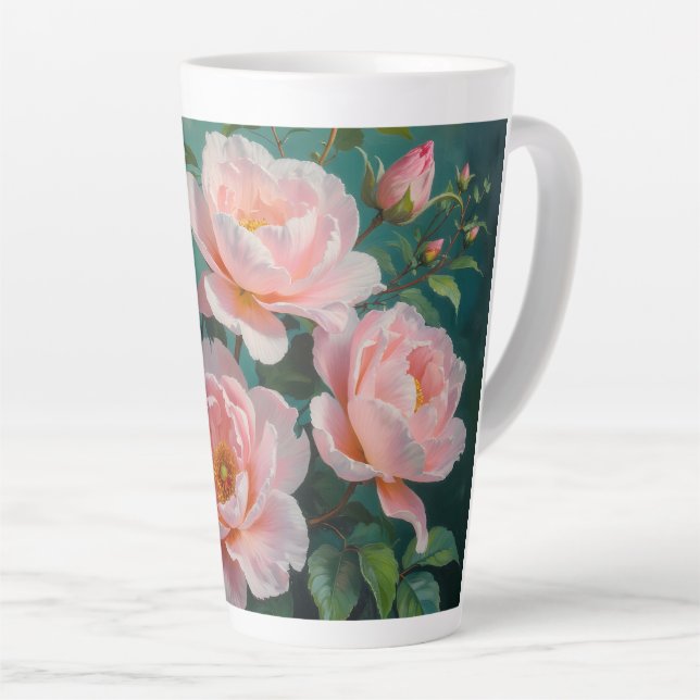 Pink Peonies Artwork on Emerald Green Milchtasse (Rechte Ecke)