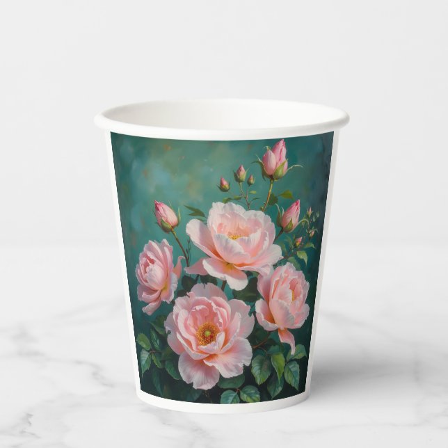Pink Peonies Artwork on Emerald Green Pappbecher (Vorderseite)