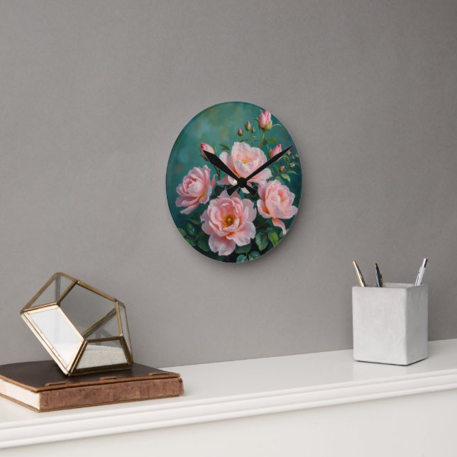 Pink Peonies Artwork on Emerald Green Runde Wanduhr (Büro)