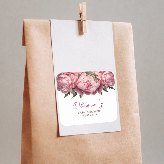 Pink Peonies Baby Dusche Quadratischer Aufkleber (Pink Peonies Watercolor Baby Shower Square Sticker)
