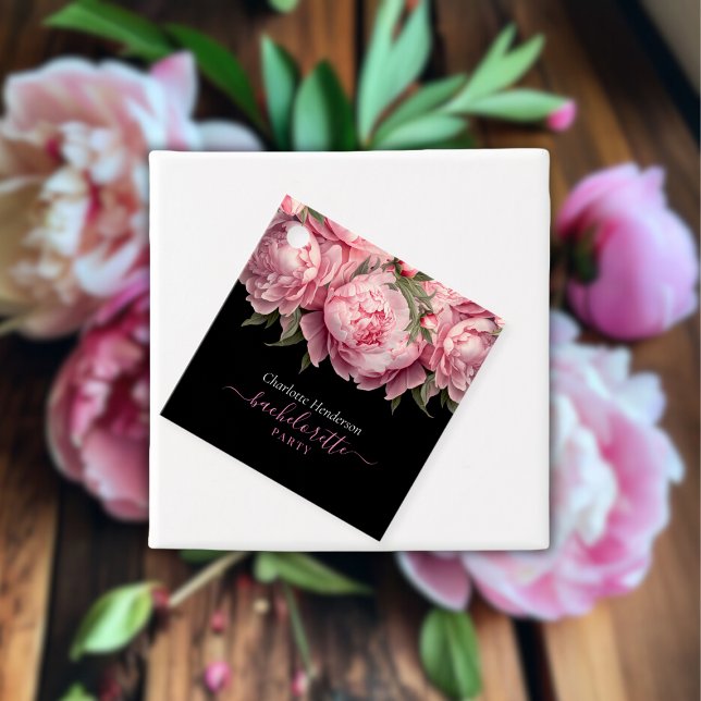 Pink Peonies Black Junggeselinnen-Abschied Geschenkanhänger (Pink Peonies Watercolor Black Bachelorette Party Favor Tags)