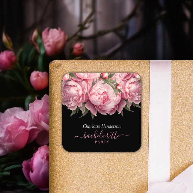 Pink Peonies Black Junggeselinnen-Abschied Quadratischer Aufkleber (Pink Peonies Watercolor Black Bachelorette Party Square Sticker)