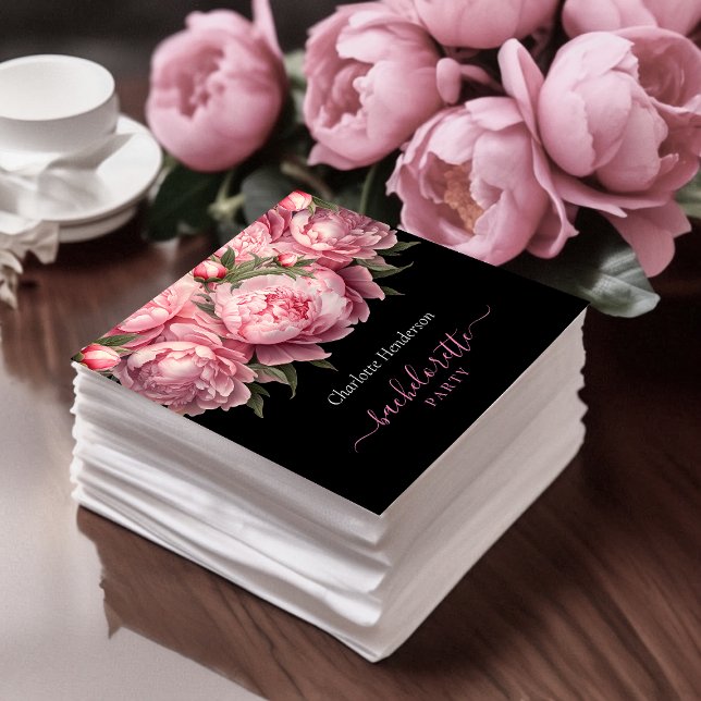 Pink Peonies Black Junggeselinnen-Abschied Serviette (Pink Peonies Watercolor Black Bachelorette Party Napkins)