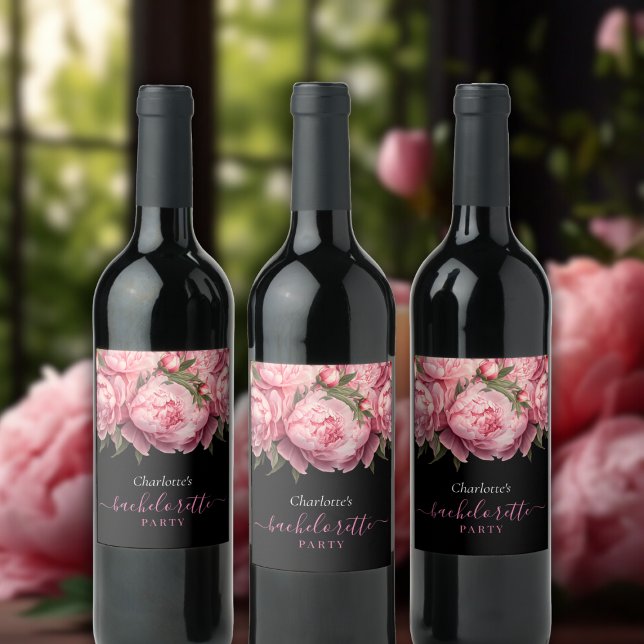Pink Peonies Black Junggeselinnen-Abschied Weinetikett (Pink Peonies Watercolor Black Bachelorette Party Wine Label)