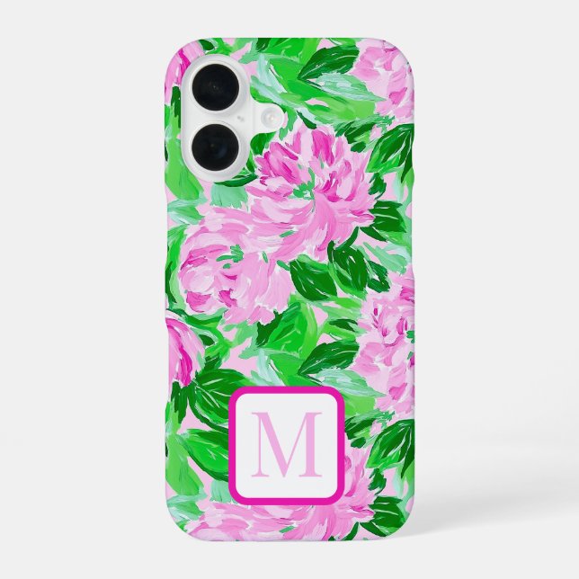 Pink Peonies Blume Muster Monogram iPhone 16 Hülle (Rückseite)