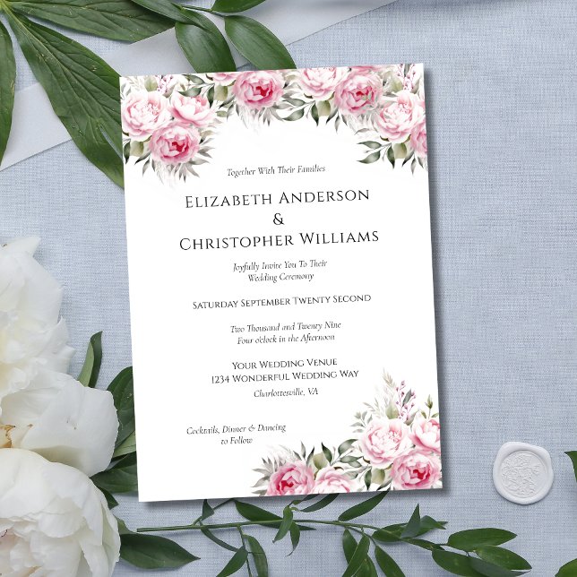 Pink Peonies Blumenzwiebeln Blume Wasserfarbenpräg Einladung (Pink Floral Peonies with Greenery Elegant Wedding Invitation. Printed or Digital Instant Download)