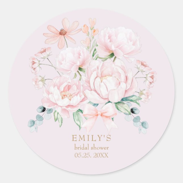 Pink Peonies Bow Wildblume Garden Brautparty Runder Aufkleber (Vorderseite)