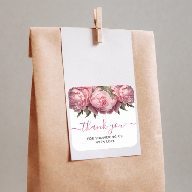 Pink Peonies Brautparty Vielen Dank Quadratischer Aufkleber (Pink Peonies Watercolor Bridal Shower Thank You Square Sticker)