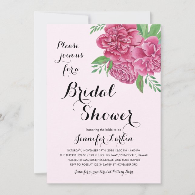 Pink Peonies Bridal Dusche Einladung (Vorderseite)
