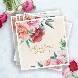 Pink Peonies Burgundy Floral Blätter Sweet 16 Serviette