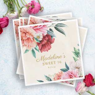 Pink Peonies Burgundy Floral Blätter Sweet 16 Serviette