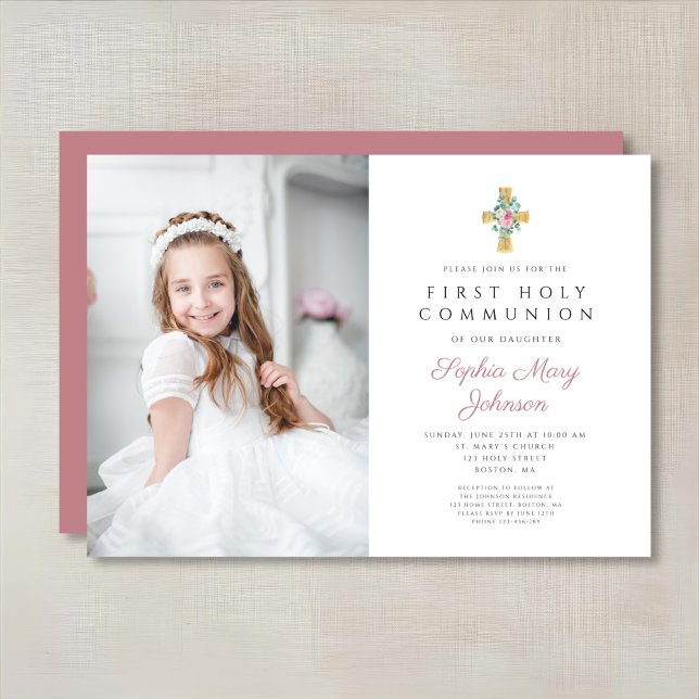 Pink Peonies Cross Girl First Kommune Foto Einladung (Pink Peonies Cross Girl First Communion Photo Invitation)