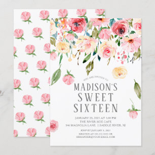 Pink Peonies Floral Drop 16 . Geburtstag Party Einladung