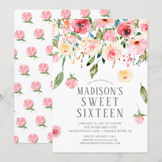 Pink Peonies Floral Drop 16 . Geburtstag Party Einladung