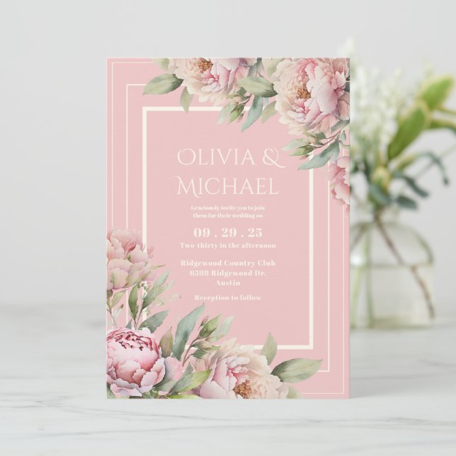 Pink Peonies Floral Elegant Wedding Einladung (Stehend Vorderseite)