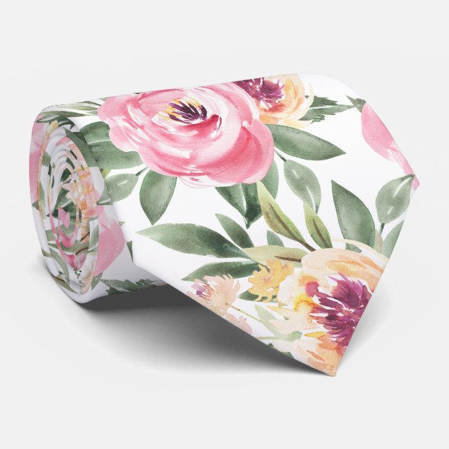 Pink Peonies Floral Watercolor Blume Necktie Krawatte (Gerollt)
