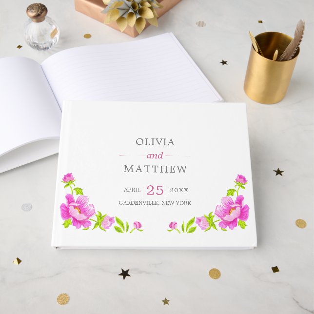Pink Peonies Floral Wedding Guest Book Gästebuch (Vorderseite Offen)