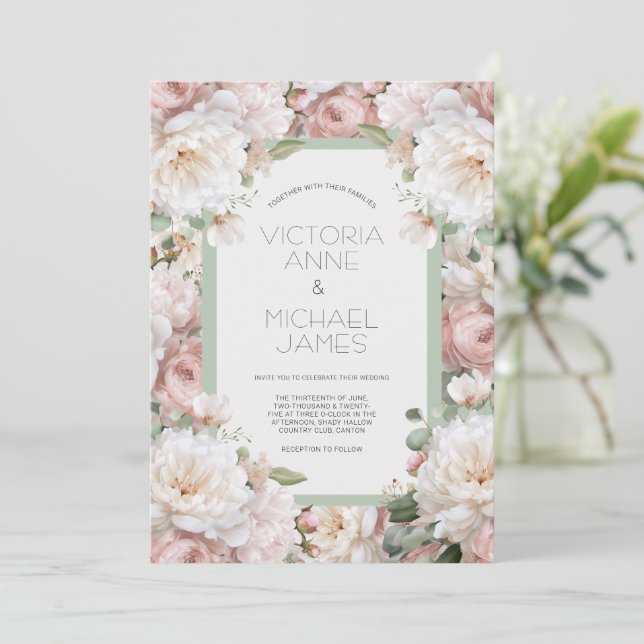 Pink Peonies Floral Wedding Invitation Einladung (Stehend Vorderseite)