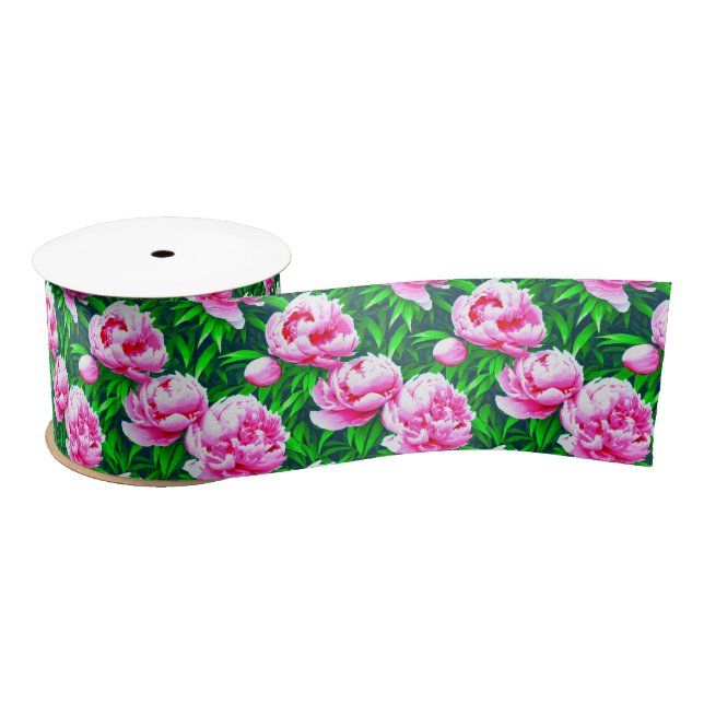 Pink Peonies Garden Print Satinband (Spule)