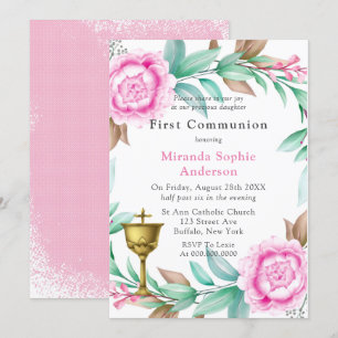 Pink Peonies Gold Chalice Erste Kommune Einladung