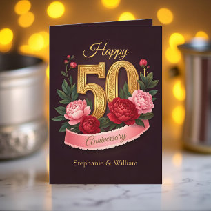 Pink Peonies Gold Nummer 50. Hochzeitstag Karte