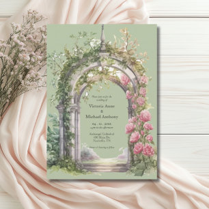 Pink Peonies Greenerity Sage Arch Wedding Einladung