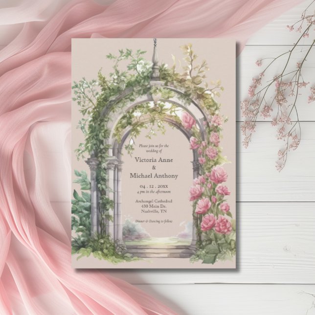 Pink Peonies Greenery Arch Wedding Einladung (Von Creator hochgeladen)