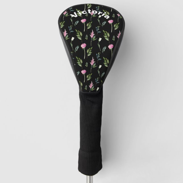 Pink Peonies Greenery Black Chic Hübscher Name Golf Headcover (Vorderseite)