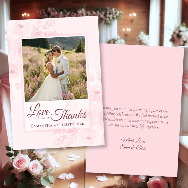 Pink Peonies Love & Thanks Photo & Note Wedding Dankeskarte (Front/Back)