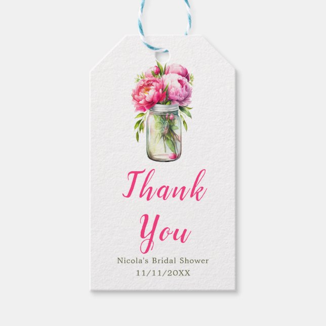 Pink Peonies Mason Jar Brautparty Geschenkanhänger (Vorderseite)