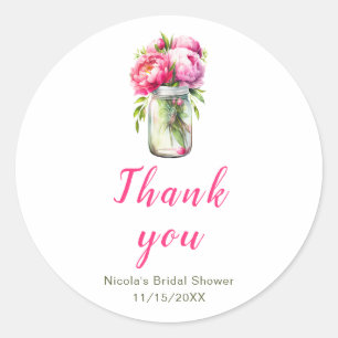 Pink Peonies Mason Jar Brautparty Runder Aufkleber