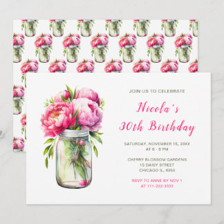 Pink Peonies Mason Jar Geburtstagsparty Einladung