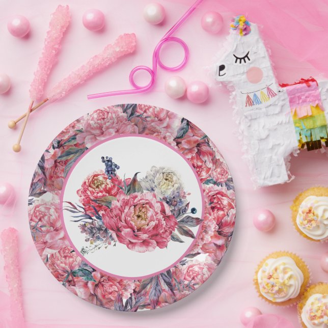 Pink Peonies Paper Plate Pappteller (Party)