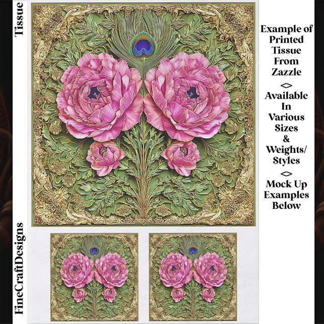 Pink Peonies & Peacock Feather Tile EH6 Decoupage Seidenpapier (Von Creator hochgeladen)