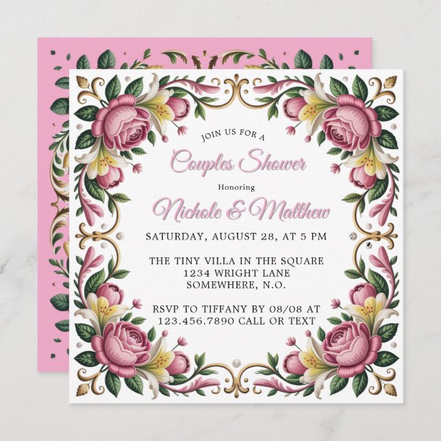 Pink Peonies Rokoko Frame Couples Dusche Einladung (Vorne/Hinten)