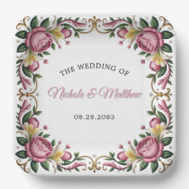 Pink Peonies Rokoko Frame Wedding Pappteller